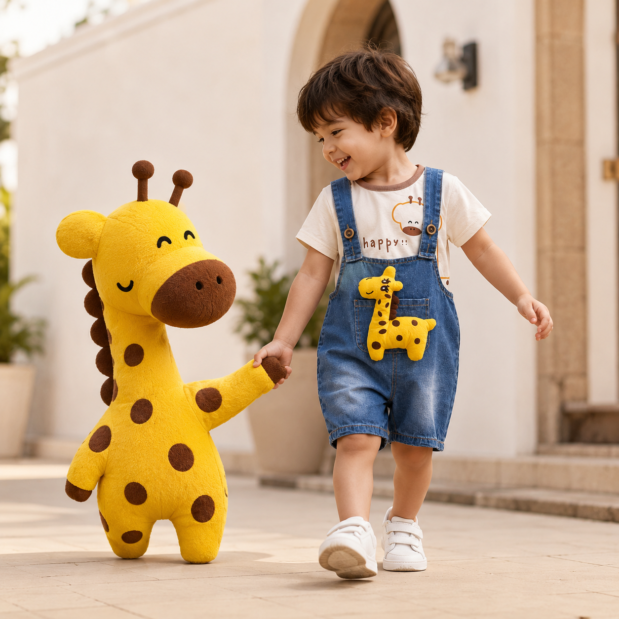 Boys Giraffe Emoji Denim Romper with minimal print T-Shirt