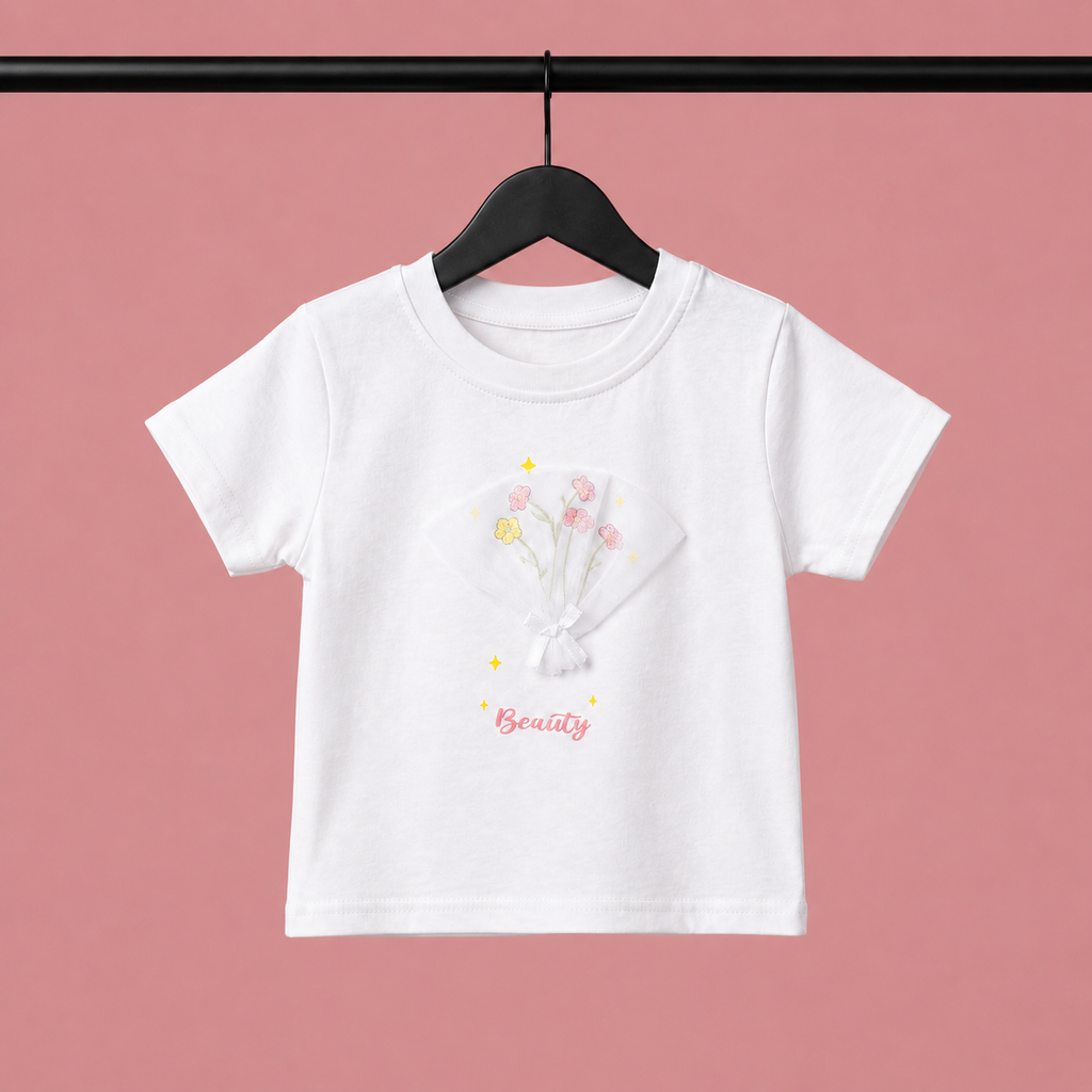 Girls Floral Print T-Shirt & Bow Detail Shorts Set – White & Dusty Pink Suit