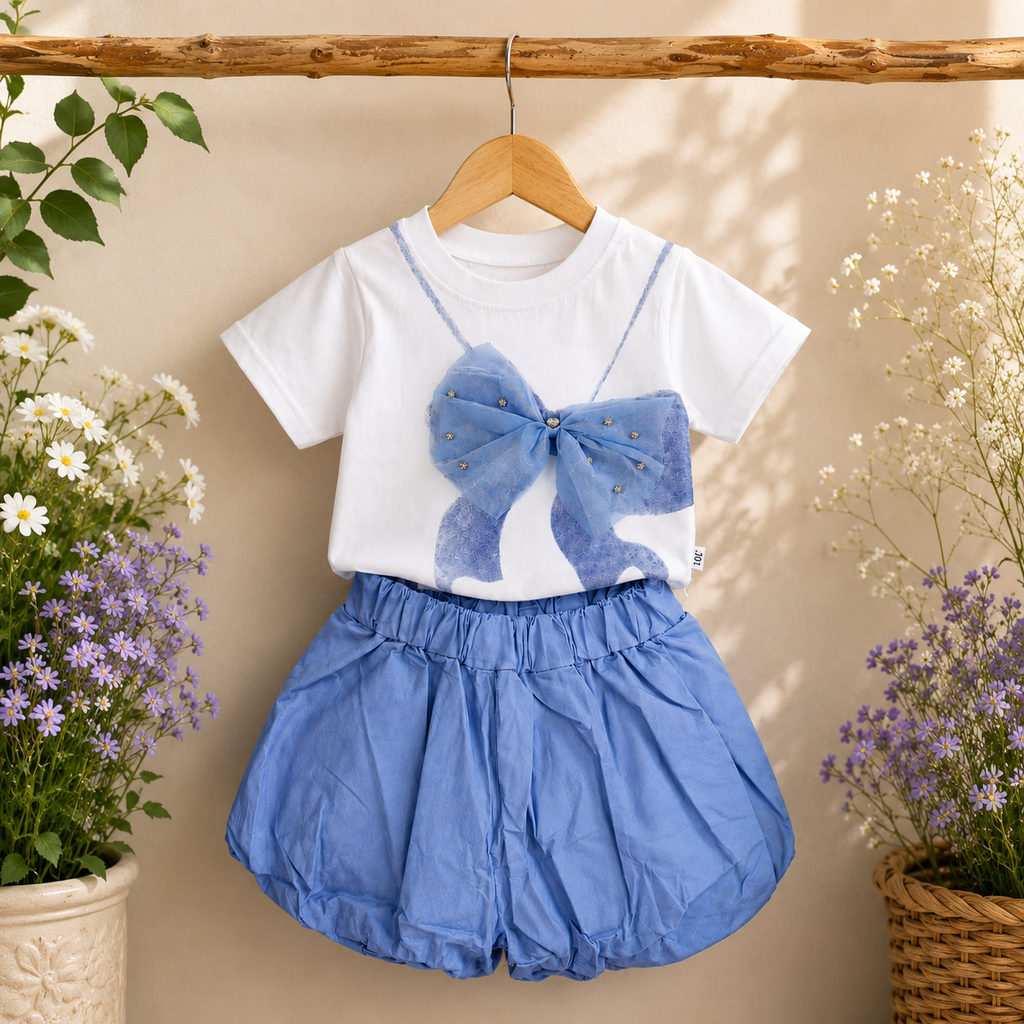 Cute White T-Shirt with Bow Detail and Blue Skirt Combo Suit