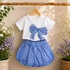 Imported Fashionwear Cute White T-Shirt with Bow Detail and Blue Skirt Combo Suit