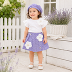 Imported Girl Fashionwear Lavender Checkered Skirt Set with Imported Floral Applique Work & Matching Beret Suit