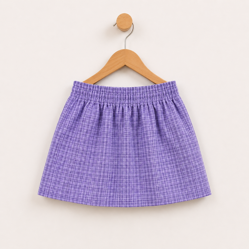 Lavender Checkered Skirt Set with Imported Floral Applique Work & Matching Beret Suit