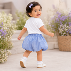 Imported Fashionwear Cute White T-Shirt with Bow Detail and Blue Skirt Combo Suit