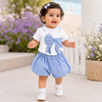 Imported Fashionwear Cute White T-Shirt with Bow Detail and Blue Skirt Combo Suit