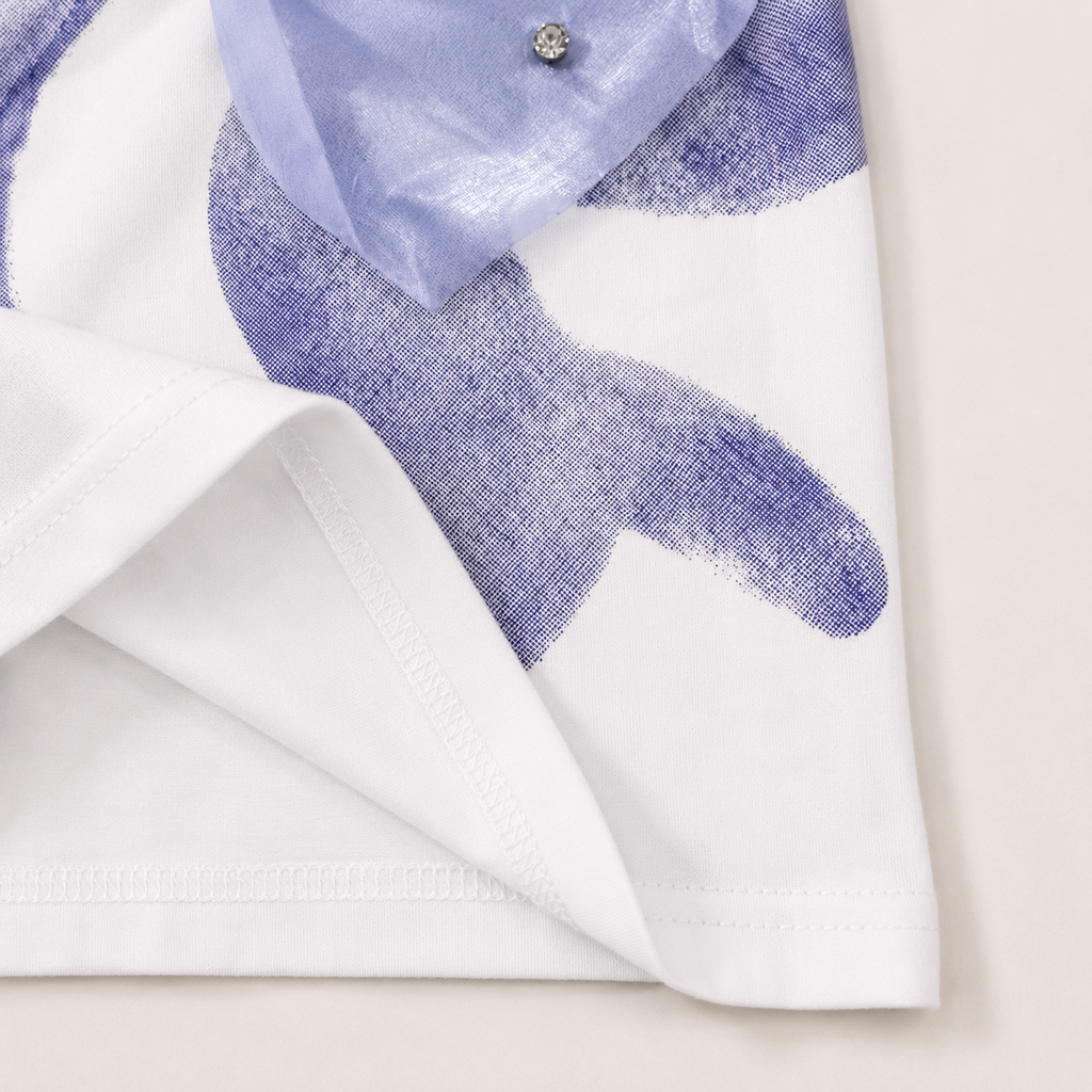 Cute White T-Shirt with Bow Detail and Blue Skirt Combo Suit