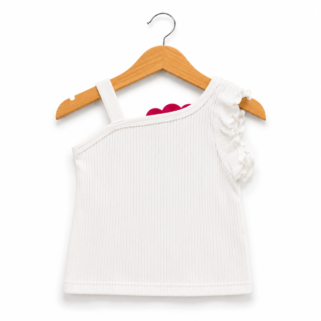 Imported Flower Applique Girls Top & Skirt Set (White & Hot Pink) Suit