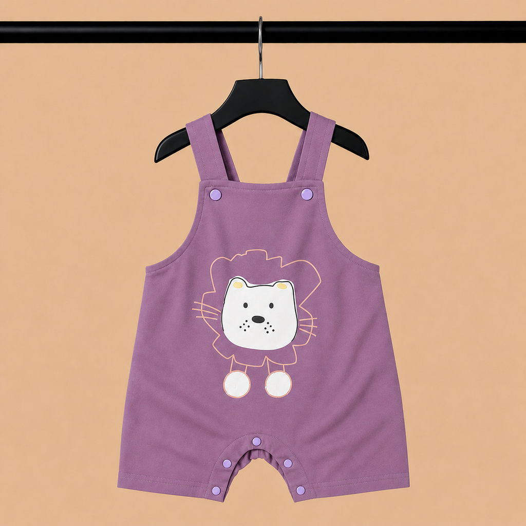 Lion Print Dungaree Romper Set with Striped T-Shirt for Baby Girls – Purple & White