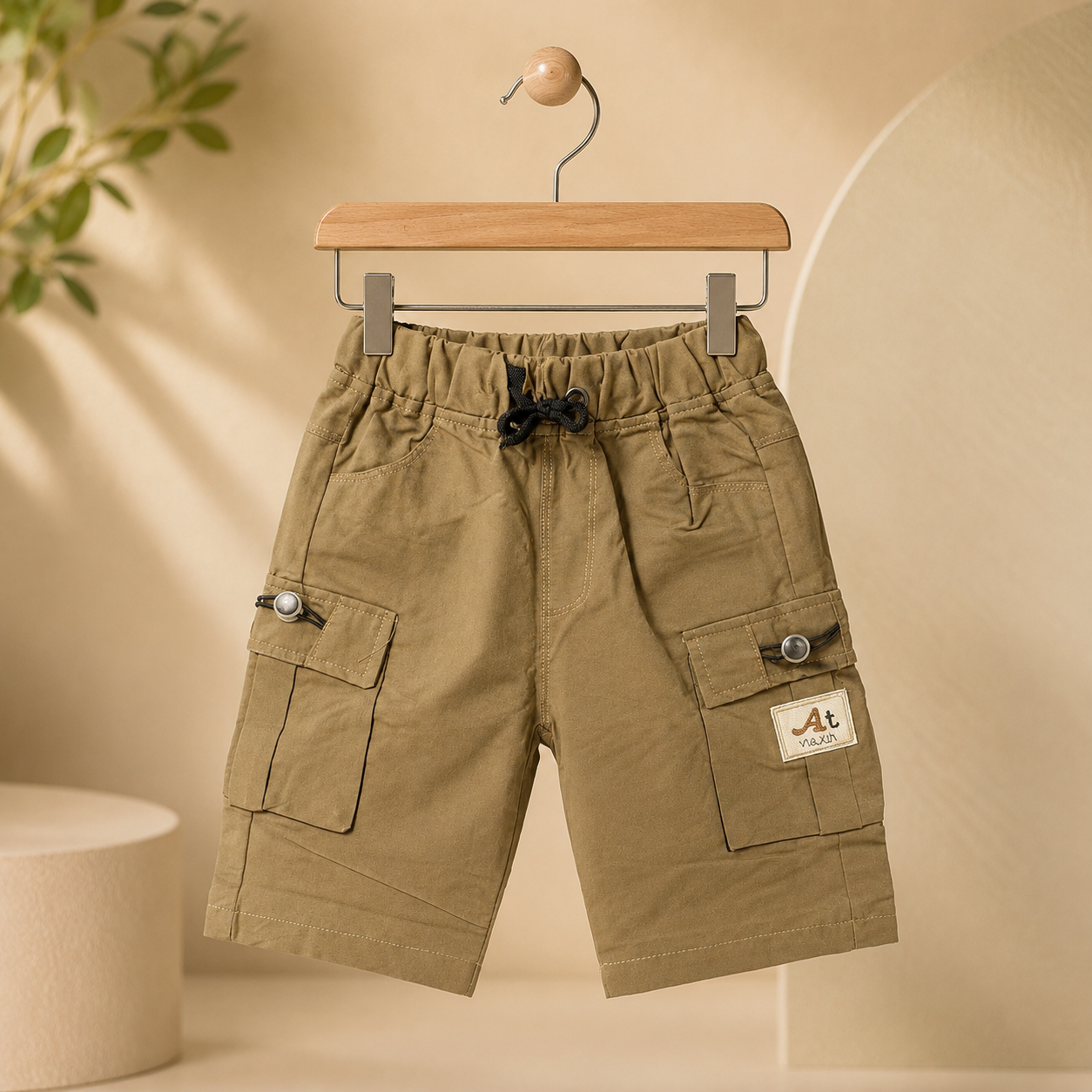 Boys Khaki Cargo Shorts with Utility Pocket Design & Adjustable Waist