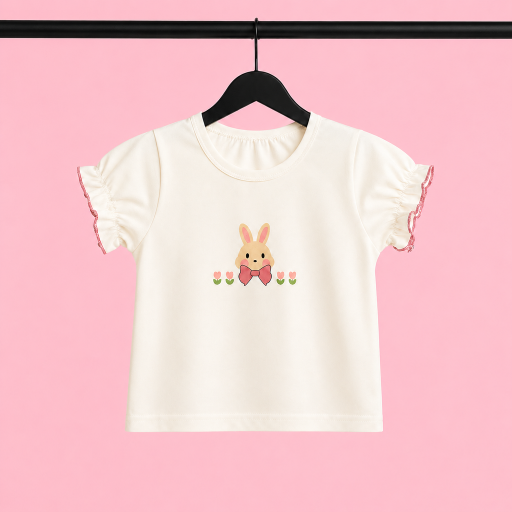 Baby Girls Bunny Print Dungaree Romper Set with Puff Sleeve T-Shirt – Pink & Cream