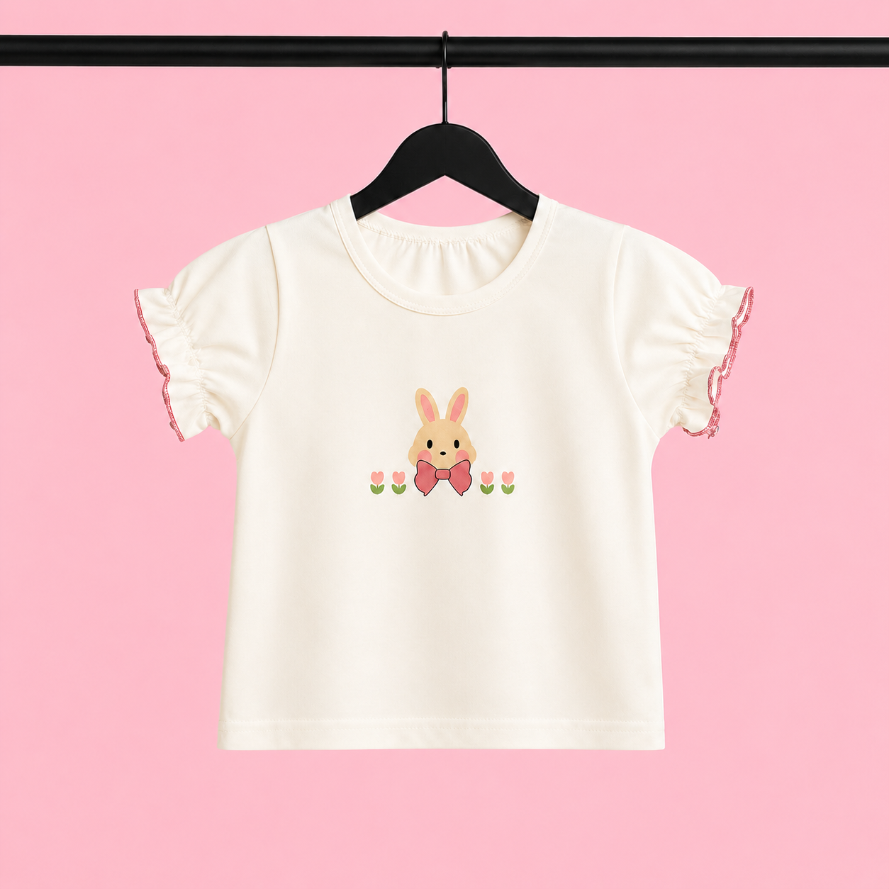 Baby Girls Bunny Print Dungaree Romper Set with Puff Sleeve T-Shirt – Pink & Cream