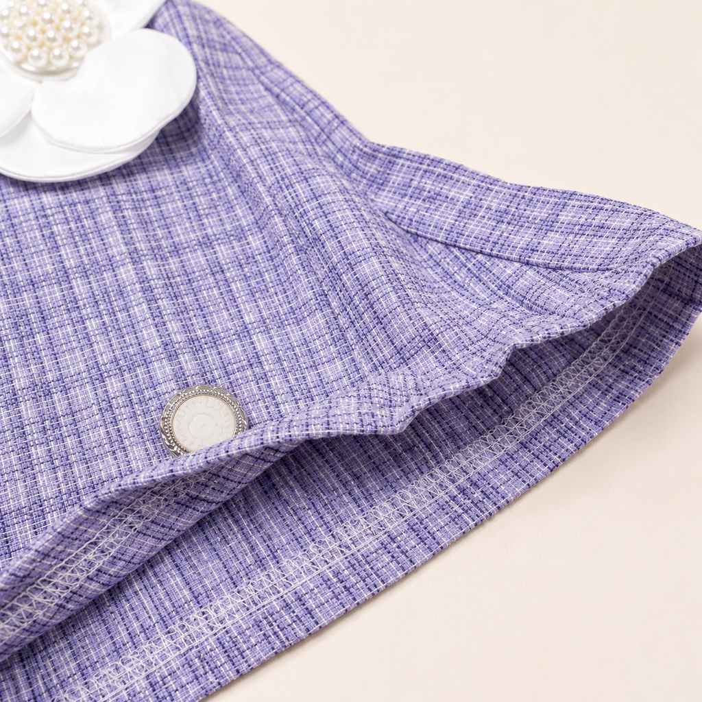 Lavender Checkered Skirt Set with Imported Floral Applique Work & Matching Beret Suit