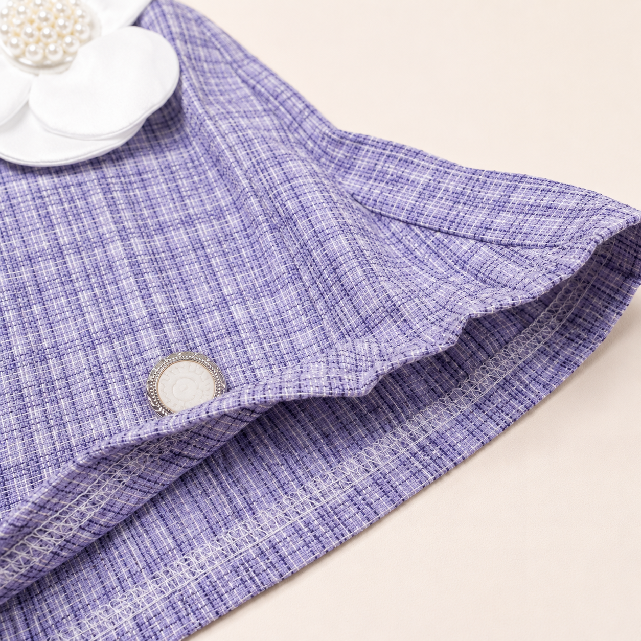 Lavender Checkered Skirt Set with Imported Floral Applique Work & Matching Beret Suit