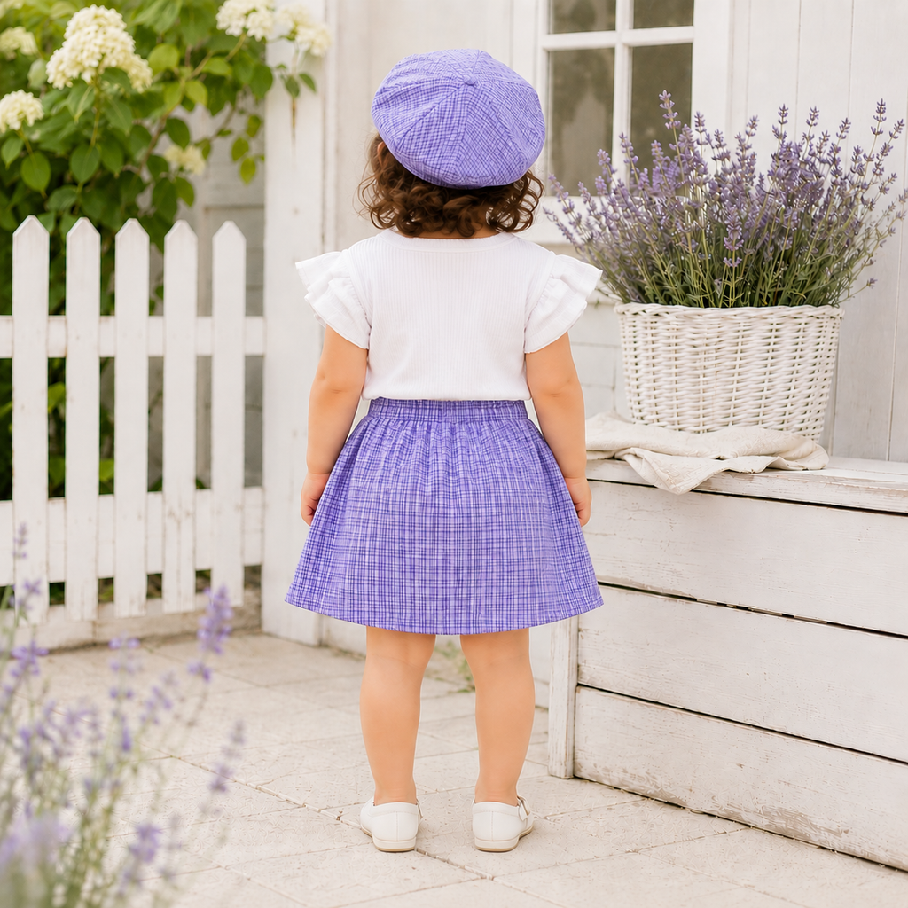 Lavender Checkered Skirt Set with Imported Floral Applique Work & Matching Beret Suit