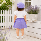 Imported Girl Fashionwear Lavender Checkered Skirt Set with Imported Floral Applique Work & Matching Beret Suit