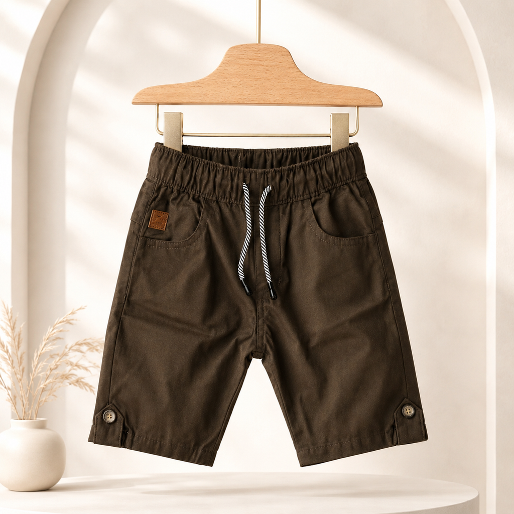 Boys Chocolate Brown Elastic Waist Cotton Shorts with Drawstring