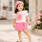 Imported Girls Fashionwear 3D Floral Appliqué Top & Pearl Embellished Skort Set with Beret – Pink & White Suit