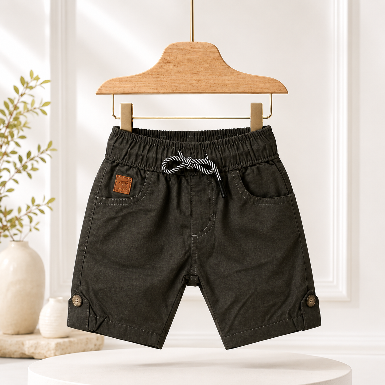 Boys Charcoal Grey Elastic Waist Casual Shorts with Drawstring