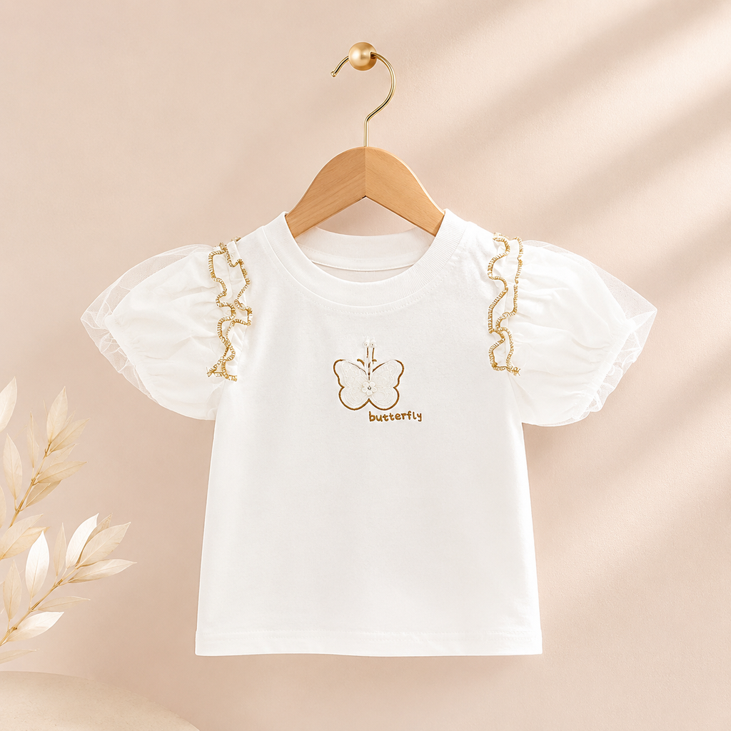 Girls Butterfly Puff Sleeve Top & Lace Pocket Shorts Suit