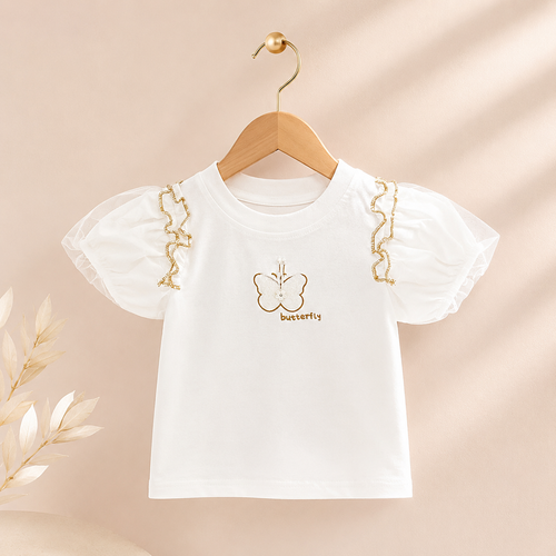 Imported Fashionwear Girls Butterfly Puff Sleeve Top & Lace Pocket Shorts Suit