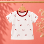 Imported Premium Girls Mickey Mouse Patch Denim Romper with strawberry and bow pattern T-Shirt for Baby Girls