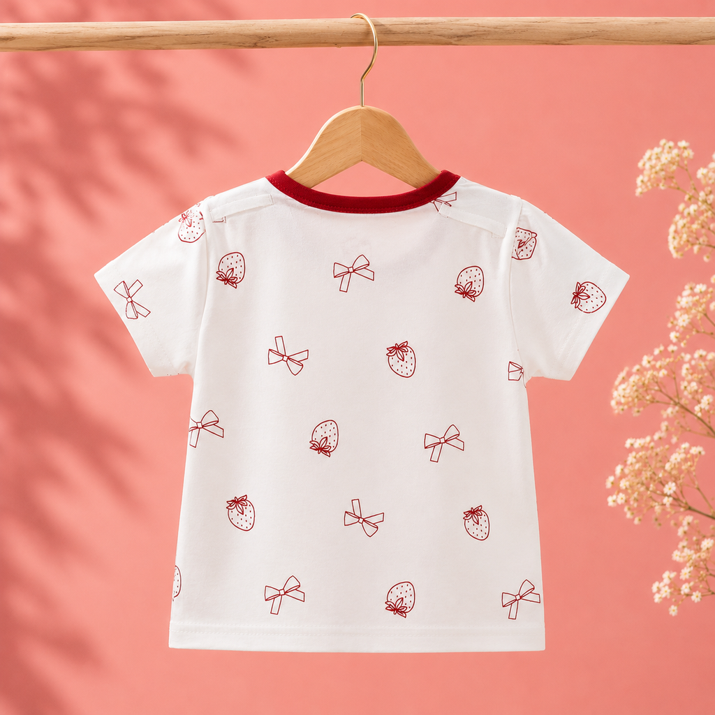 Mickey Mouse Patch Denim Romper with strawberry and bow pattern T-Shirt for Baby Girls