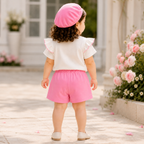 Imported Girls Fashionwear 3D Floral Appliqué Top & Pearl Embellished Skort Set with Beret – Pink & White Suit