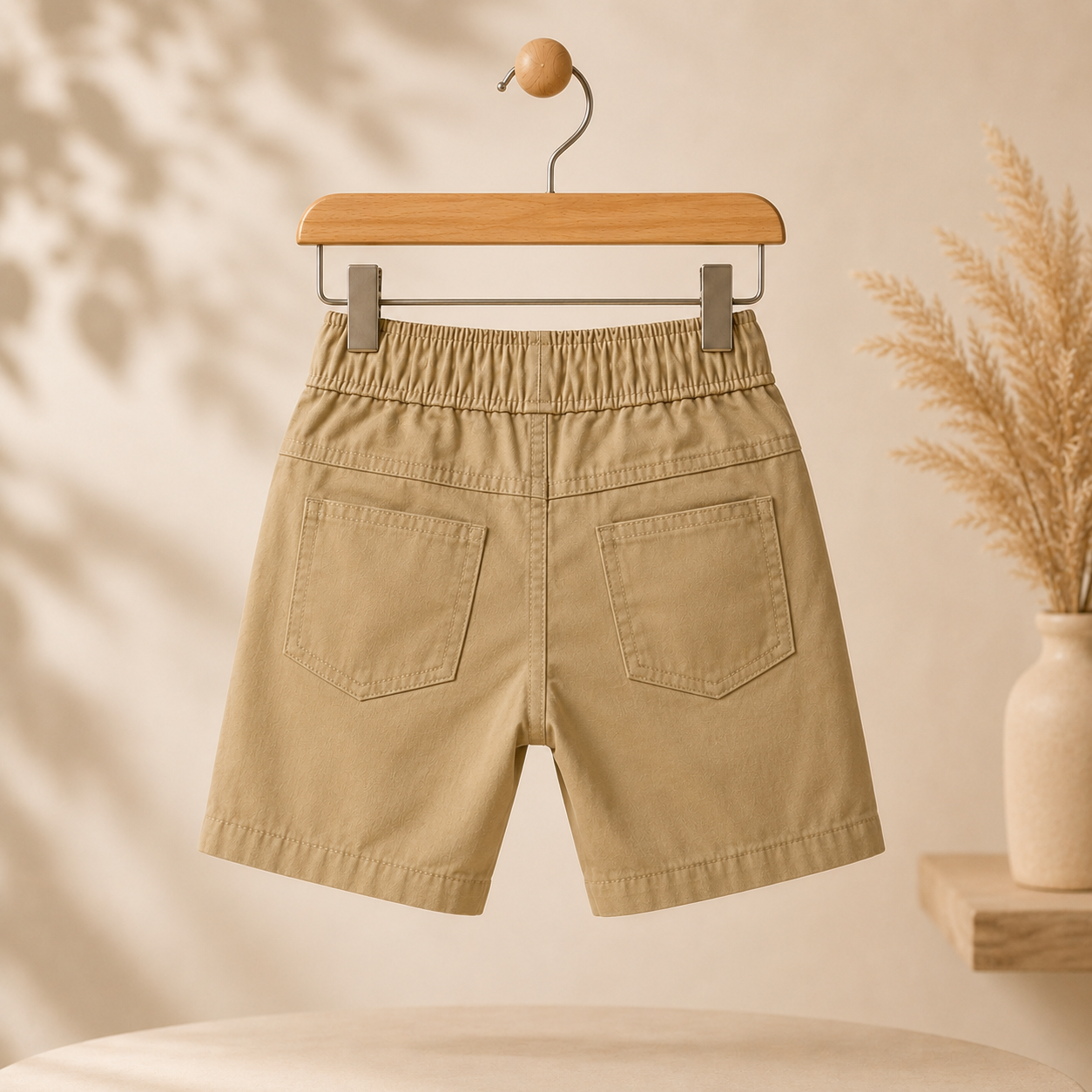 Boys Beige Elastic Waist Casual Shorts with Drawstring