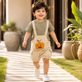 Baby Boys Pumpkin Embroidered Dungaree Romper Set with Olive Green T-Shirt