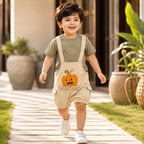 Imported Premium Quality Baby Boys Pumpkin Embroidered Dungaree Romper Set with Olive Green T-Shirt