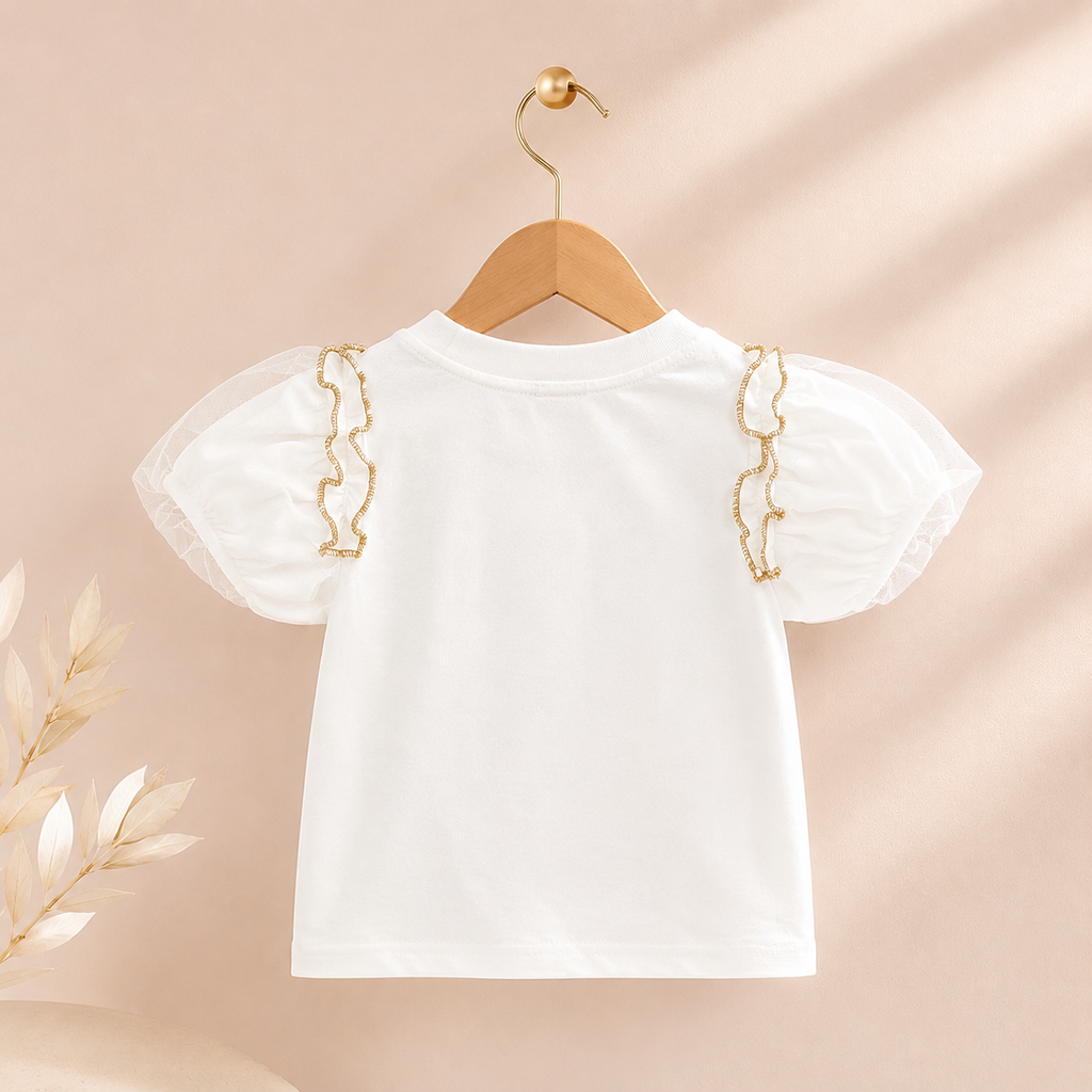 Girls Butterfly Puff Sleeve Top & Lace Pocket Shorts Suit