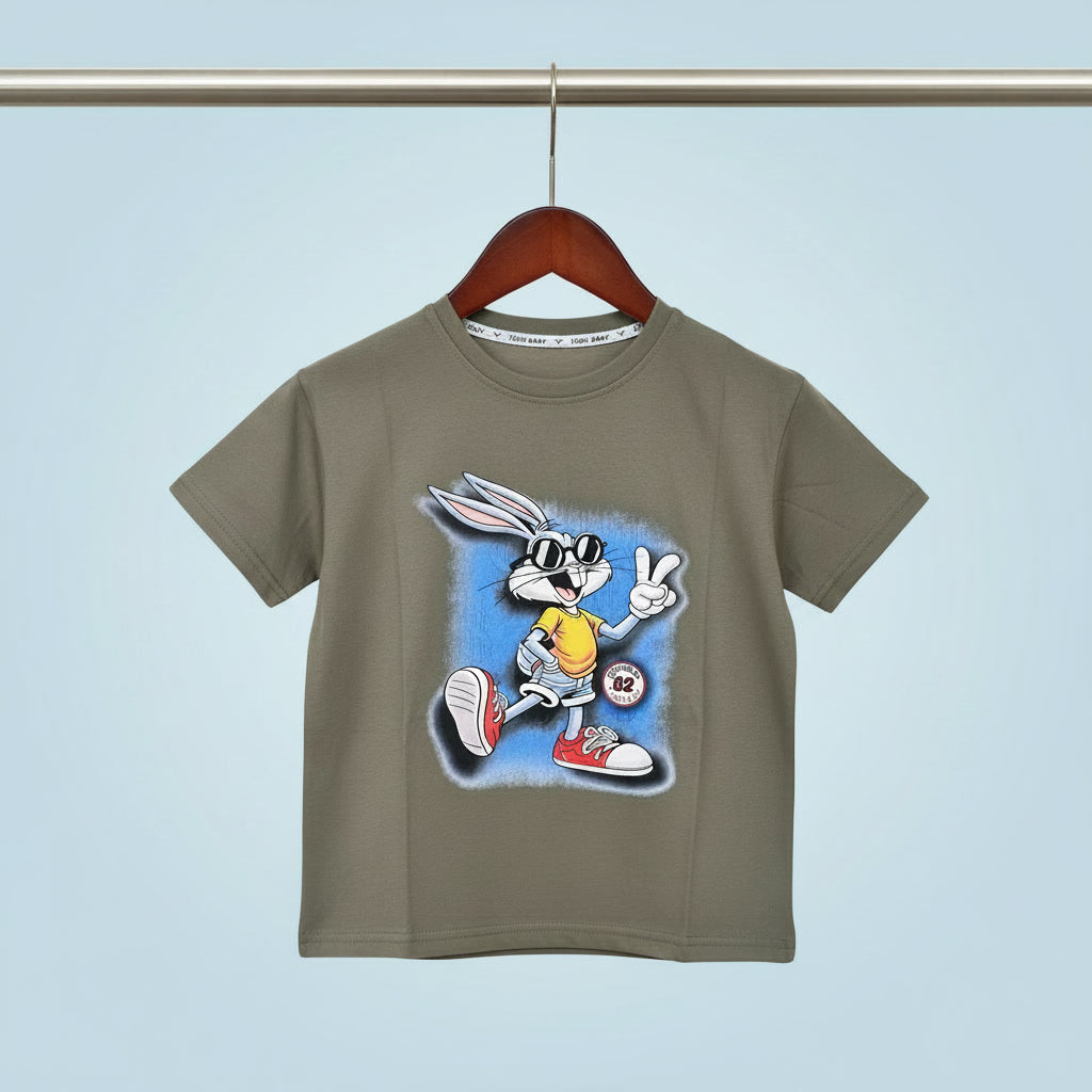 Boys Cartoon Rabbit Graphic T-Shirt – Olive Green