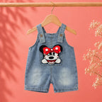 Imported Premium Girls Mickey Mouse Patch Denim Romper with strawberry and bow pattern T-Shirt for Baby Girls