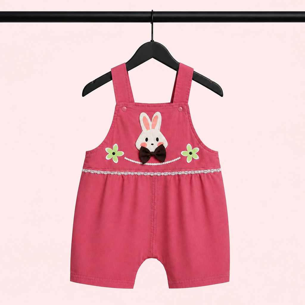 Baby Girls Bunny Print Dungaree Romper Set with Puff Sleeve T-Shirt – Pink & Cream