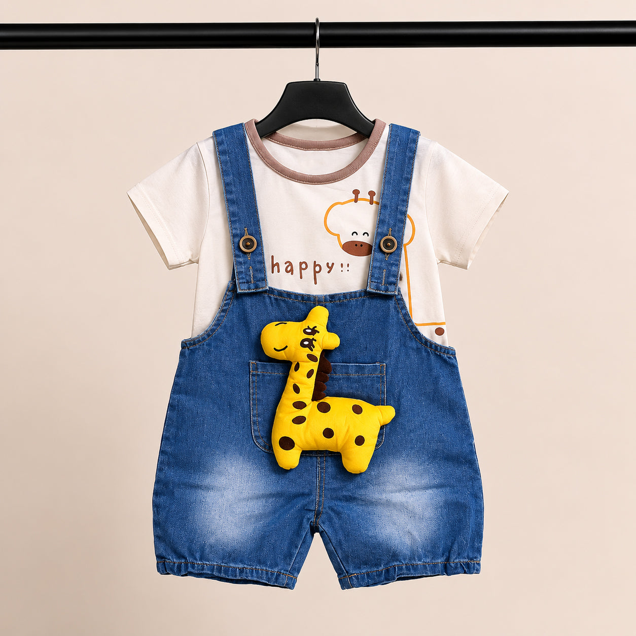 Boys Giraffe Emoji Denim Romper with minimal print T-Shirt