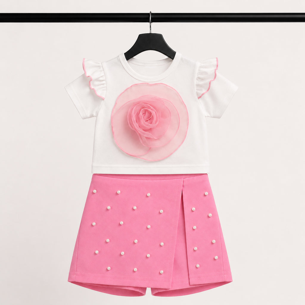 Girls 3D Floral Appliqué Top & Pearl Embellished Skort Set with Beret – Pink & White Suit