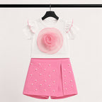Imported Girls Fashionwear 3D Floral Appliqué Top & Pearl Embellished Skort Set with Beret – Pink & White Suit