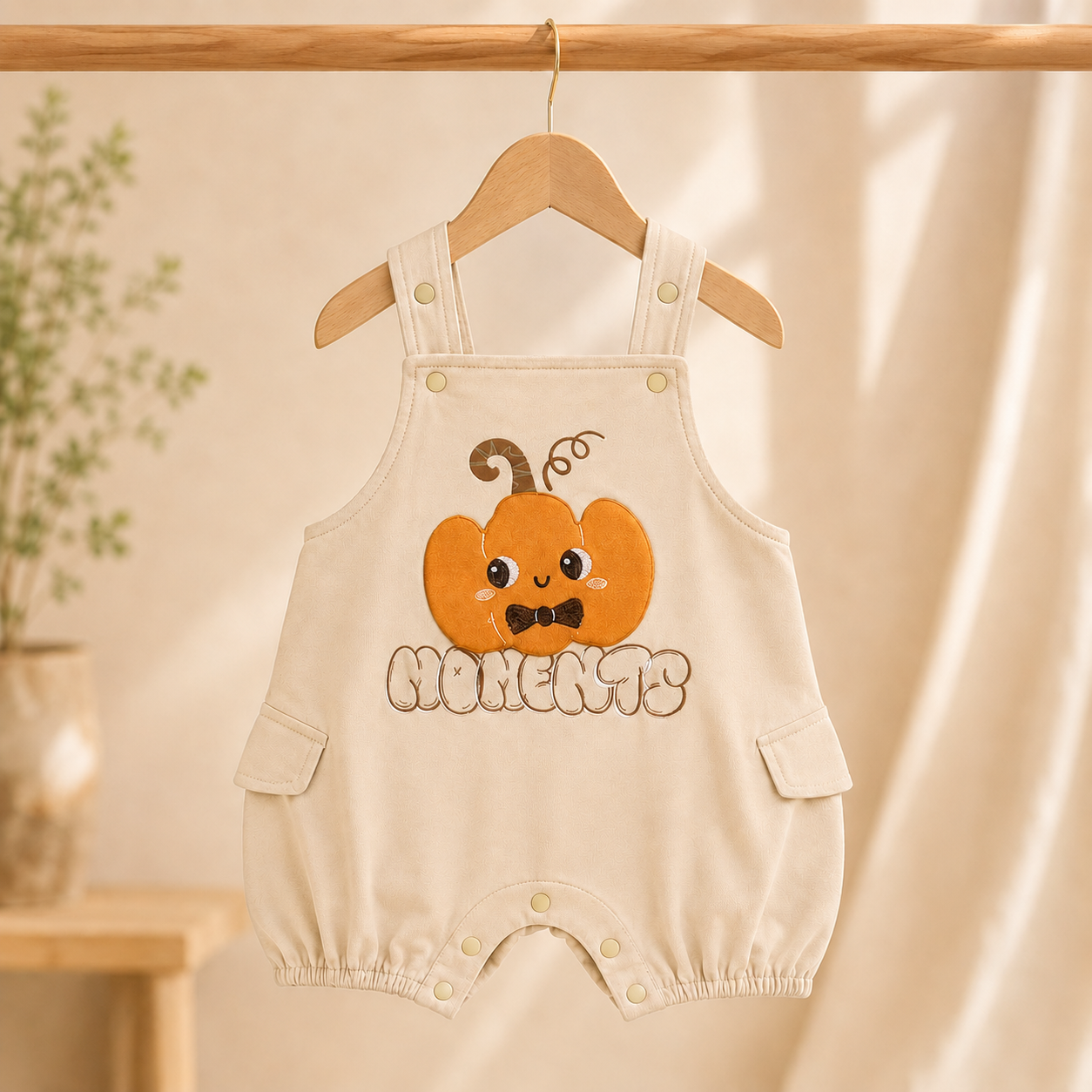 Baby Boys Pumpkin Embroidered Dungaree Romper Set with Olive Green T-Shirt