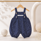 Imported High Quality Girl Romper Set Navy Floral Bubble with Flower Brooch Detail for Baby Girls
