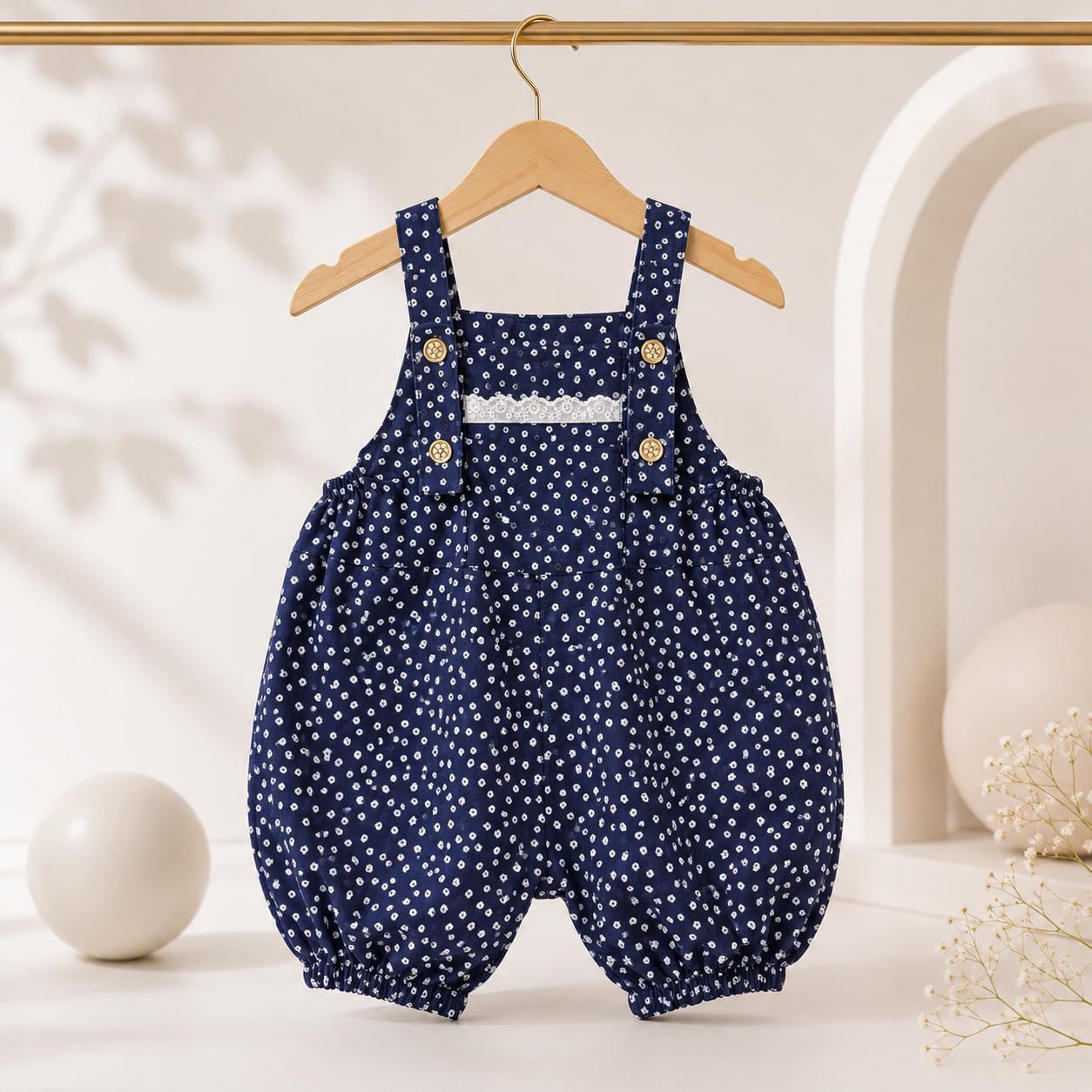 Navy Floral Bubble Romper Set with Imported Flower Brooch Detail for Baby Girls