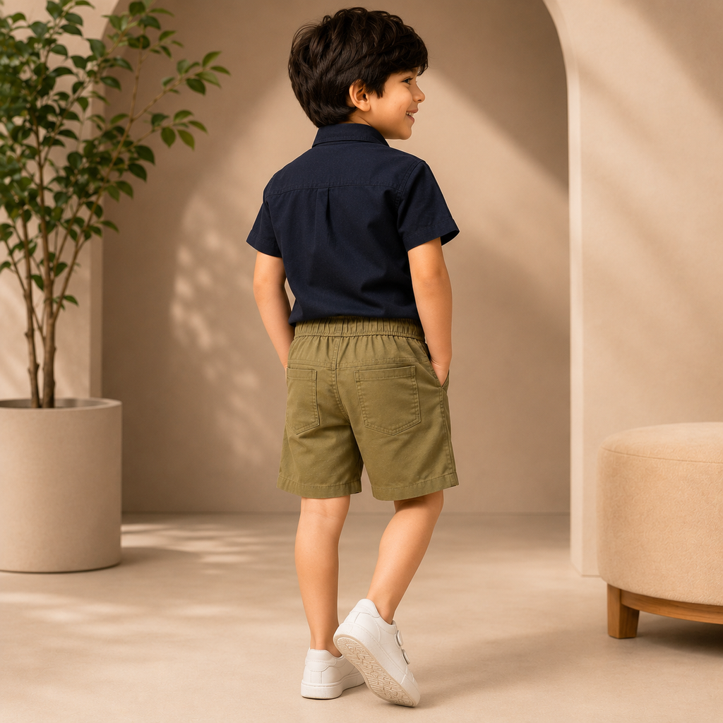 Boys Olive Green Elastic Waist Casual Shorts with Drawstring