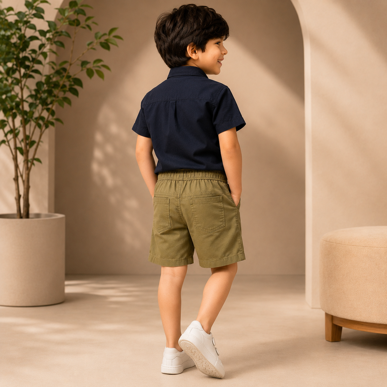 Boys Olive Green Elastic Waist Casual Shorts with Drawstring