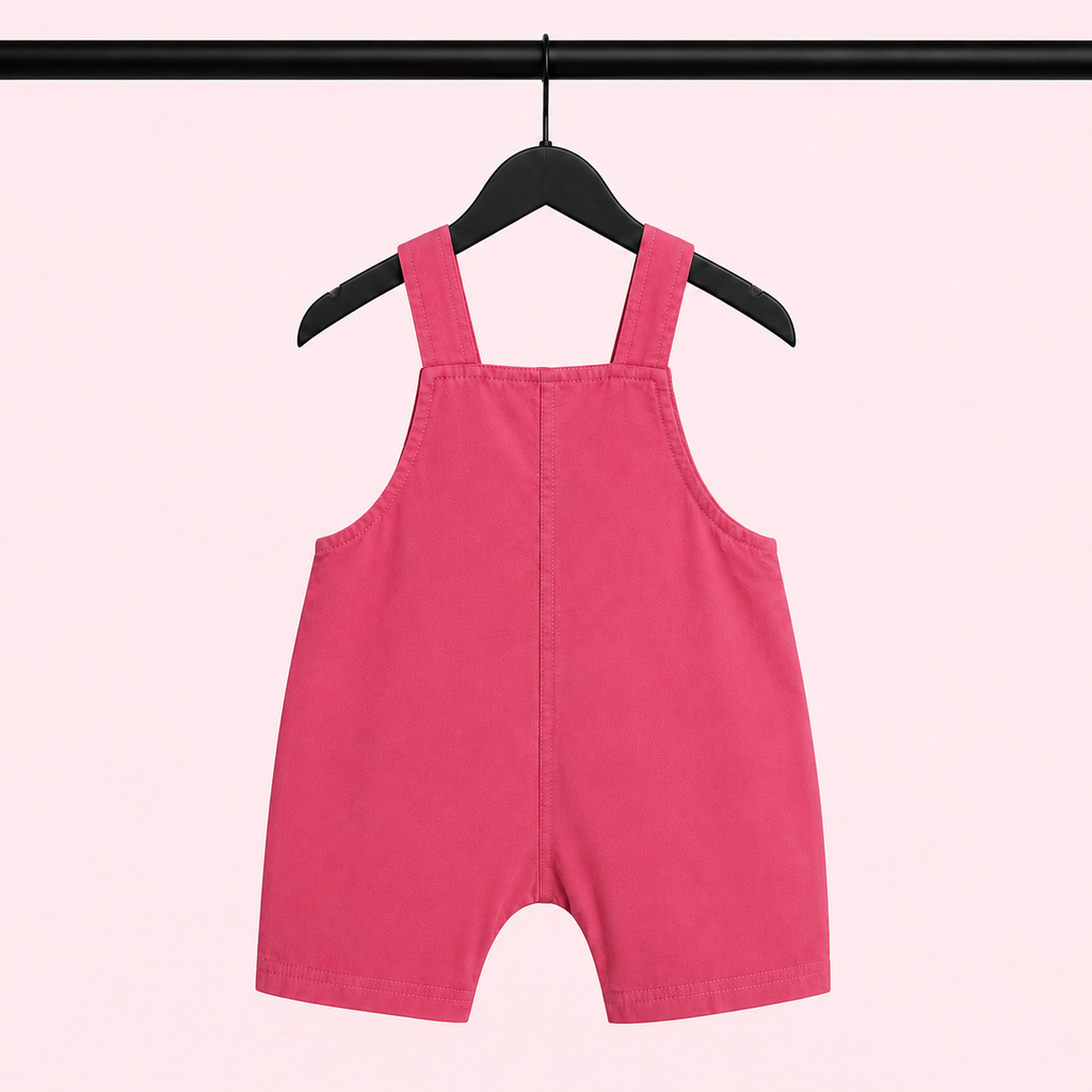 Baby Girls Bunny Print Dungaree Romper Set with Puff Sleeve T-Shirt – Pink & Cream