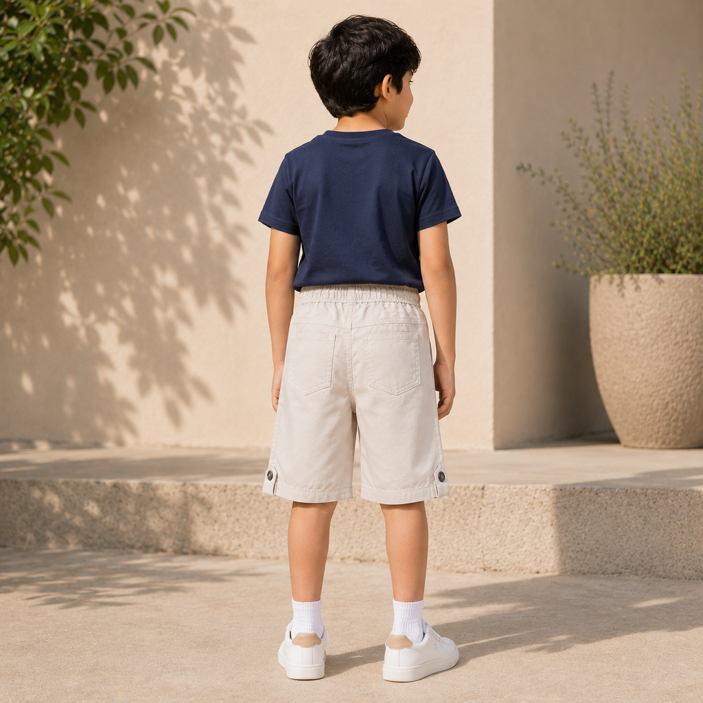 Boys Off-White Elastic Waist Cotton Shorts with Drawstring