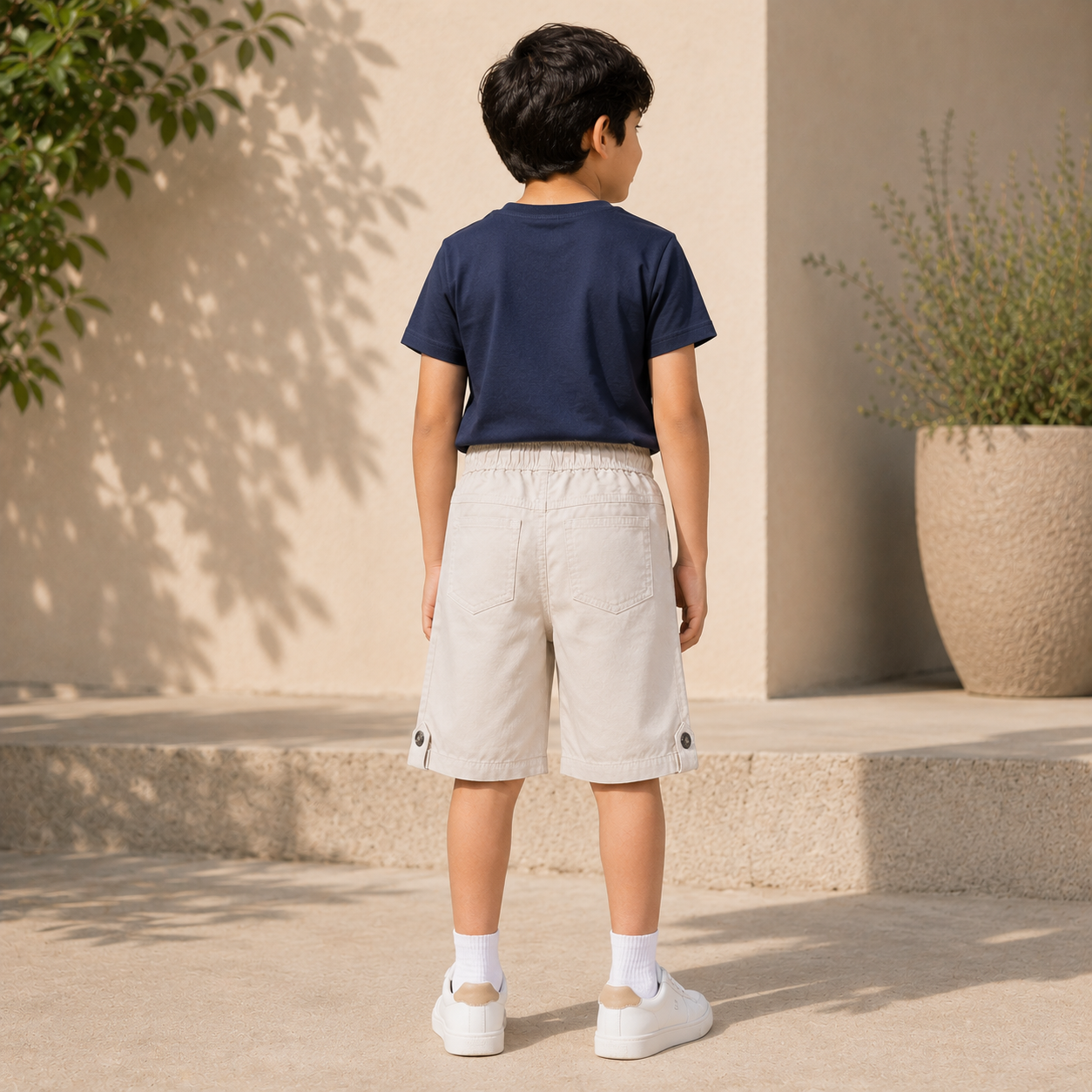Boys Off-White Elastic Waist Cotton Shorts with Drawstring