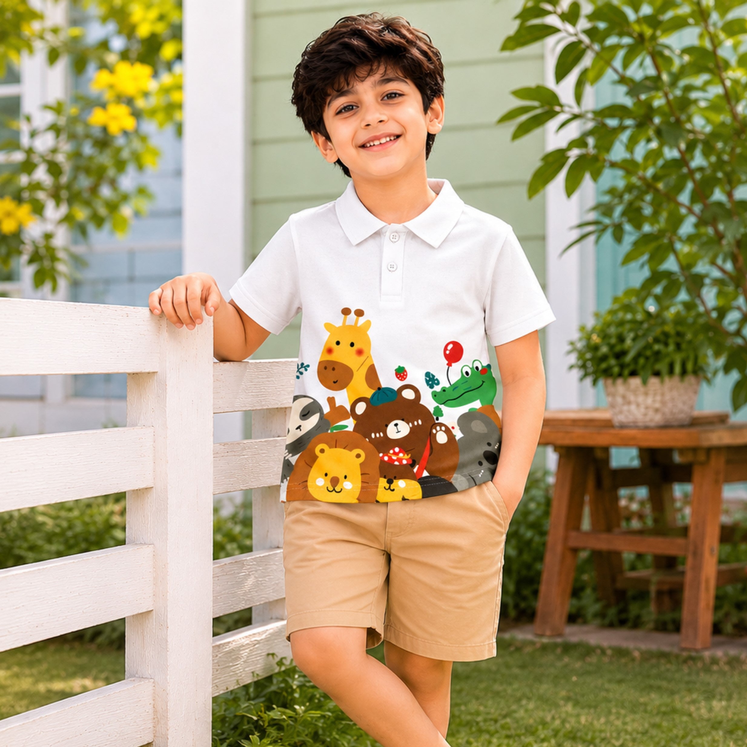 Boys Safari Animal Print Polo T-Shirt – Super White