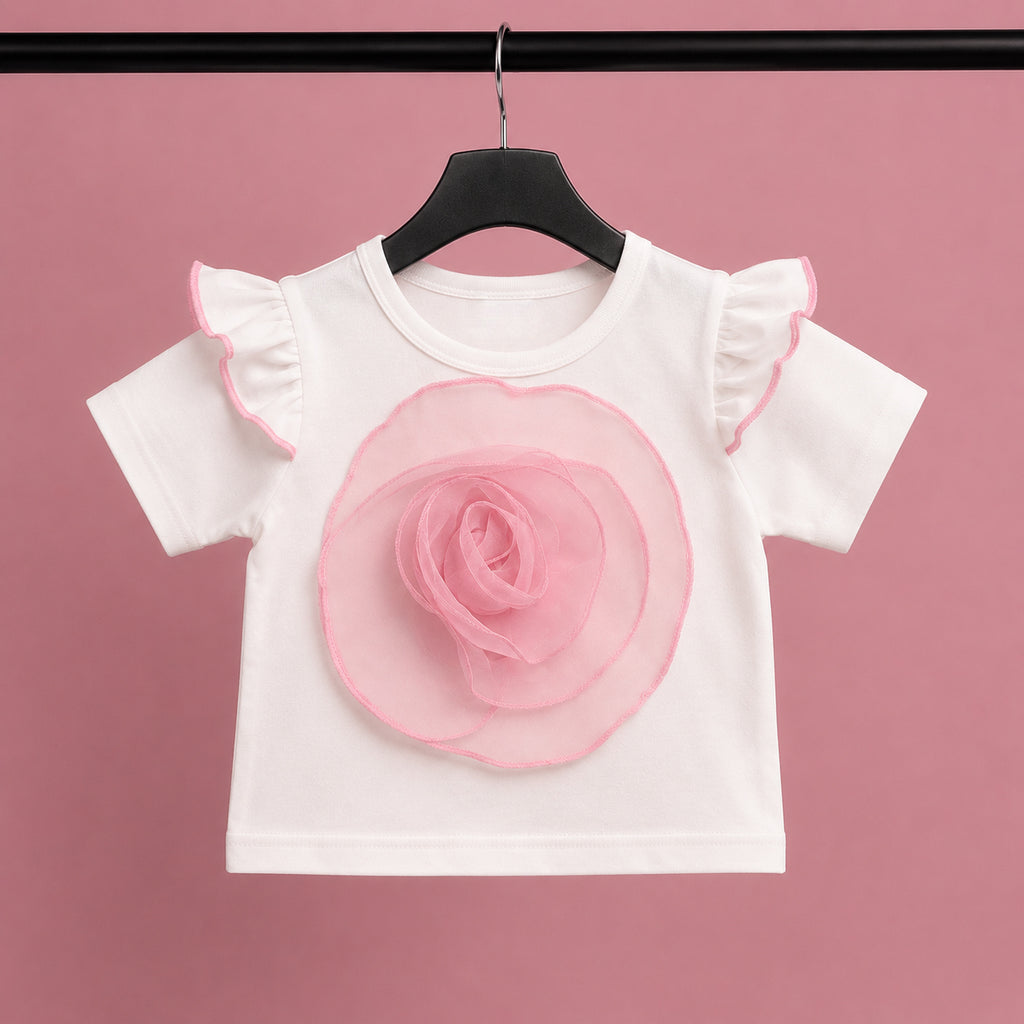 Girls 3D Floral Appliqué Top & Pearl Embellished Skort Set with Beret – Pink & White Suit