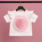 Imported Girls Fashionwear 3D Floral Appliqué Top & Pearl Embellished Skort Set with Beret – Pink & White Suit