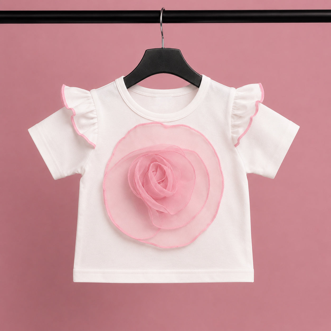 Girls 3D Floral Appliqué Top & Pearl Embellished Skort Set with Beret – Pink & White Suit
