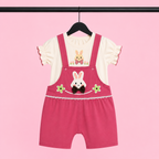 Imported Soft Fabric Baby Girls Bunny Print Dungaree Romper Set with Puff Sleeve T-Shirt – Pink & Cream