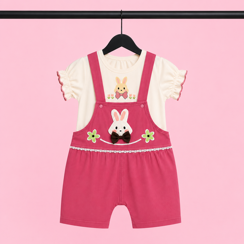 Baby Girls Bunny Print Dungaree Romper Set with Puff Sleeve T-Shirt – Pink & Cream